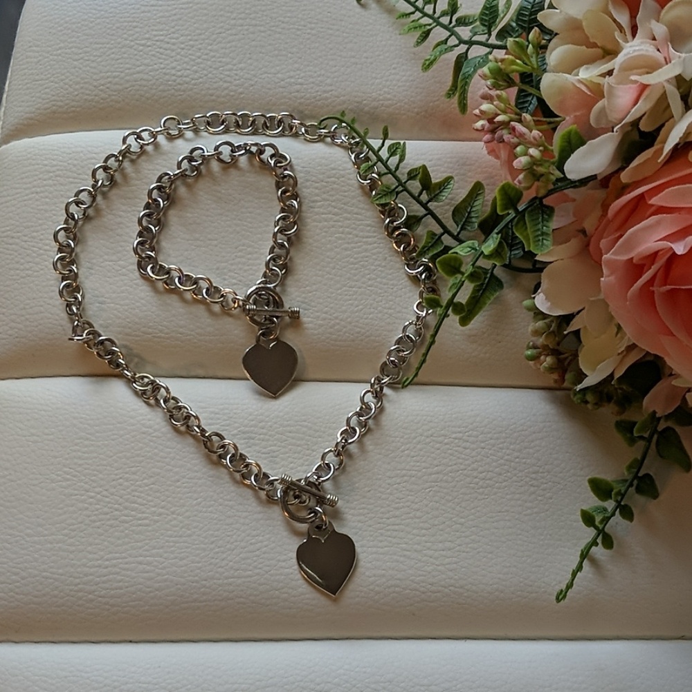 Silver Heart Charm Necklace and Bracelet Set